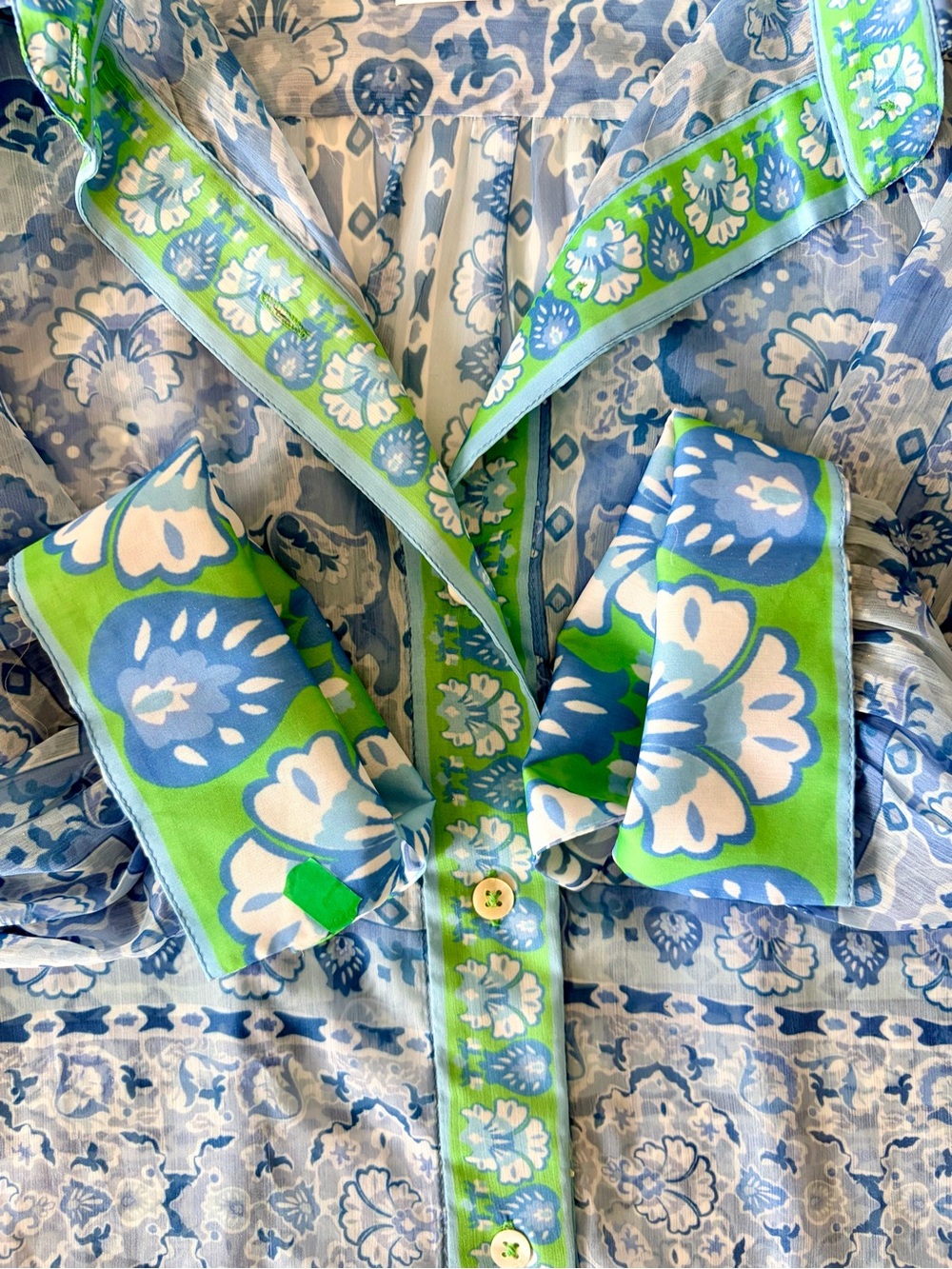 Gretchen Scott Designs Blue Floral Button-Down with Green Trim - Picture 6 of 7